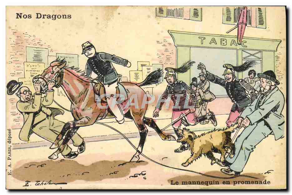 CPA Fantaisie Militaria Nos dragons Cheval Le mannequin en promenade Chien 
