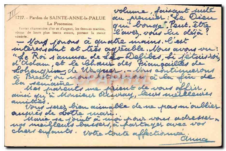 CPA Folklore Pardon de Sainte Anne La Palue La procession  — Verso