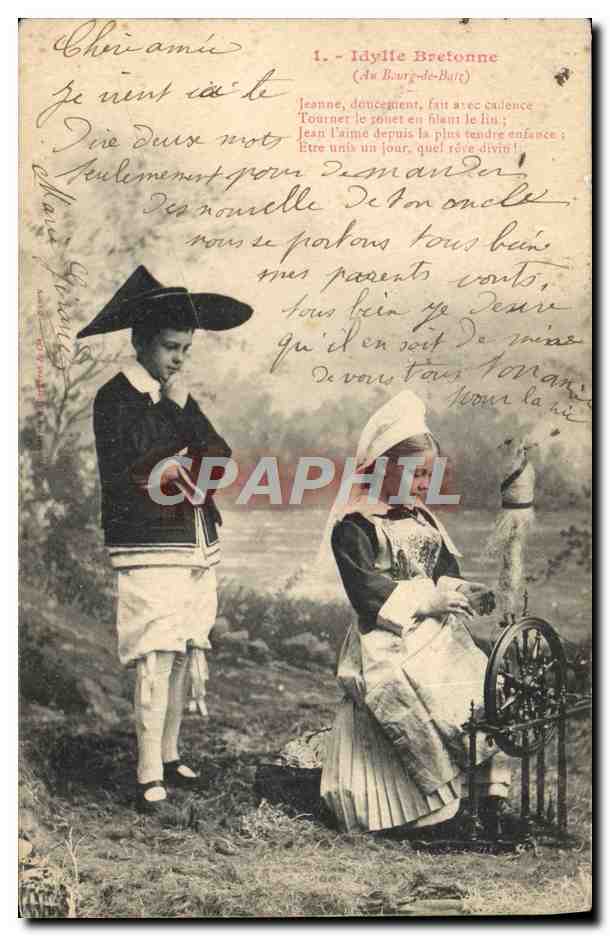 CPA Folklore Idylle bretonne Au Bourg de Batz Fileuse Enfants