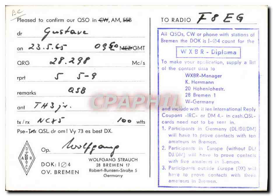 CPA Telegraphie DL1RZ Wolfgang Strauch Bremen Robert Bunsen Strasse — Reverso