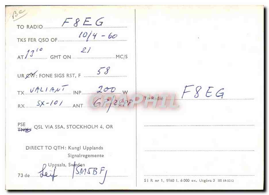 Signalregemente Uppsala — SL5AB — Kungl Upplands Signalregemente — Reverso