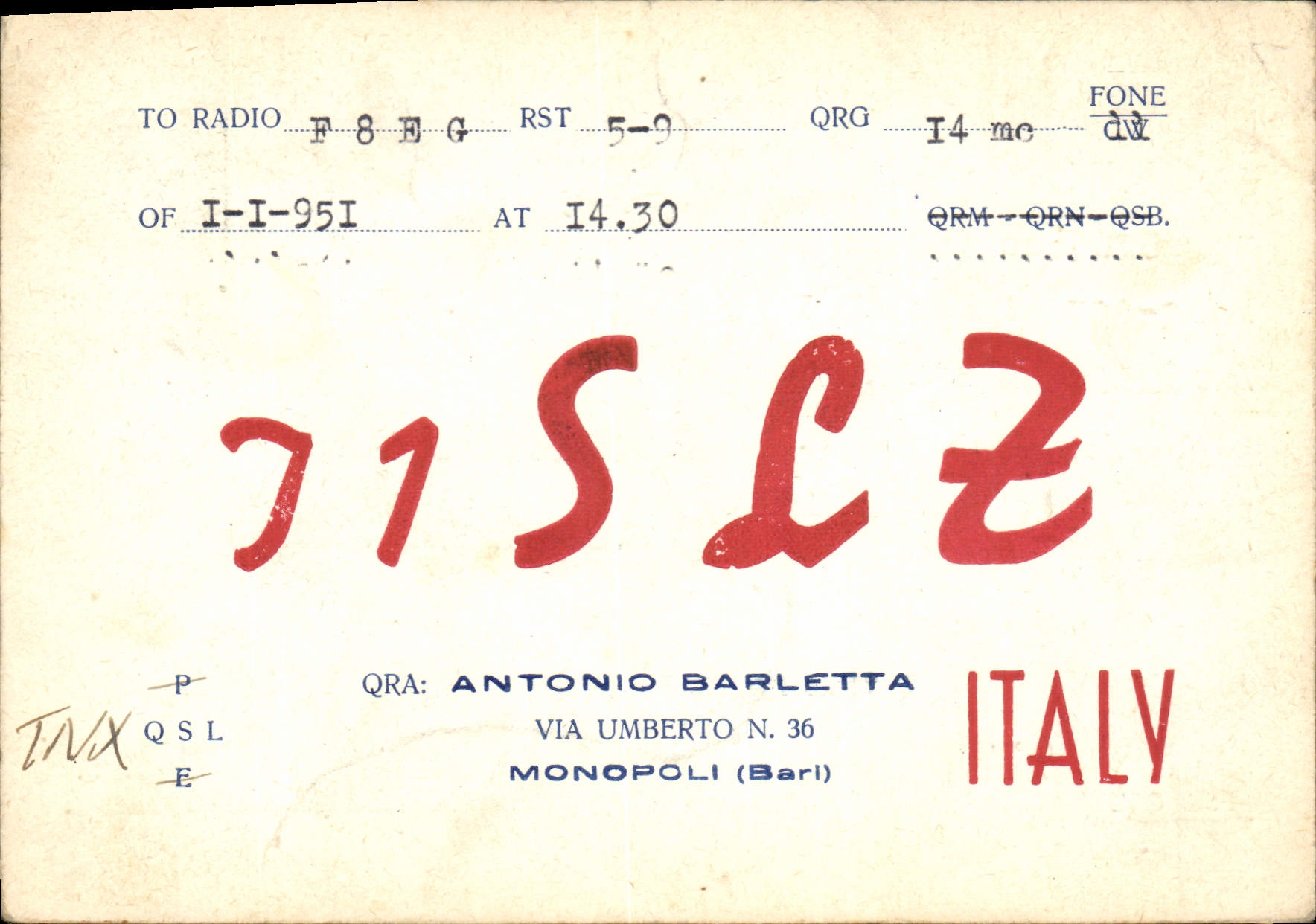 Monopoli (Bari) — QSL radio amateur — Antonio Barletta