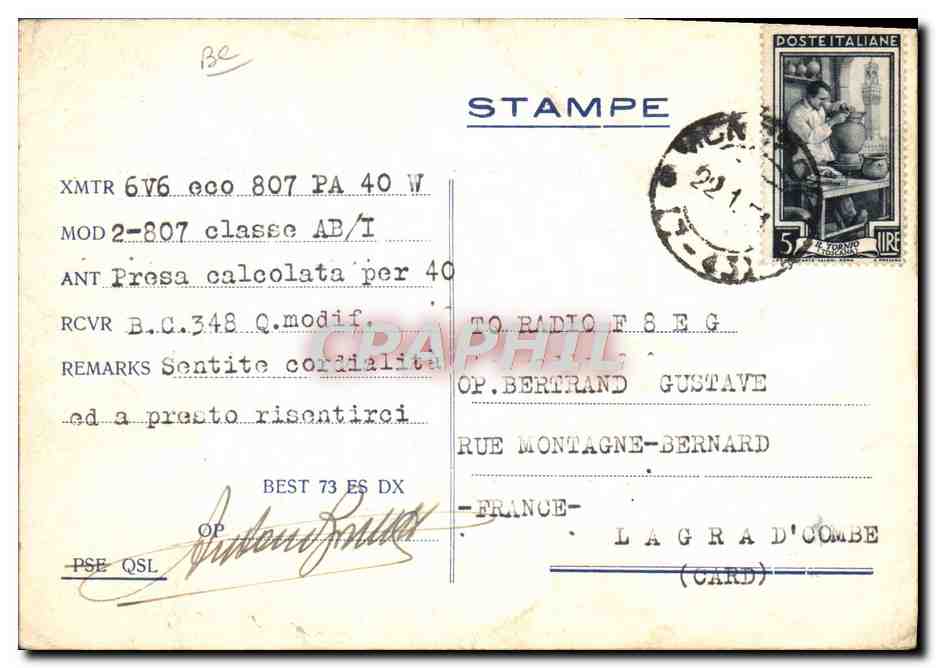 Monopoli (Bari) — QSL radio amateur — Antonio Barletta — Reverso