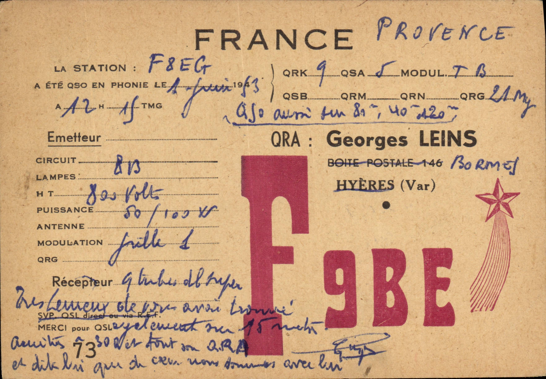 France Provence — QSL radio amateur — Georges LEINS, Hyères (Var)