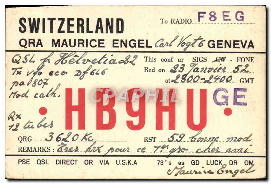 Suisse — QSL radio Maurice Engel à F8EG — éditeur non visible