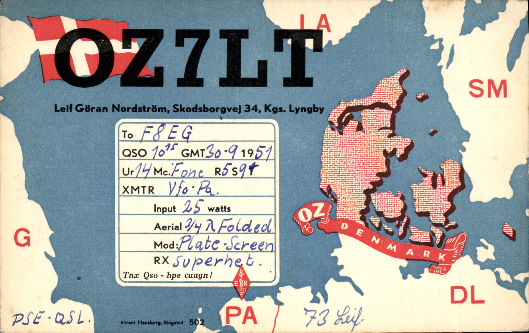 Carte QSL d'ØZ7ZLT — Danemark — éditeur Ahrent Flensborg, n° 502