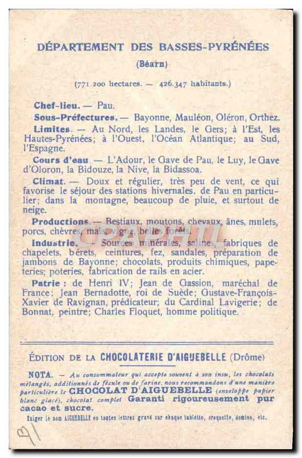 CPA Carte geographique Chocolaterie d'Aiguebelle Basses Pyrenees Le Gave Pau  — Rückseite