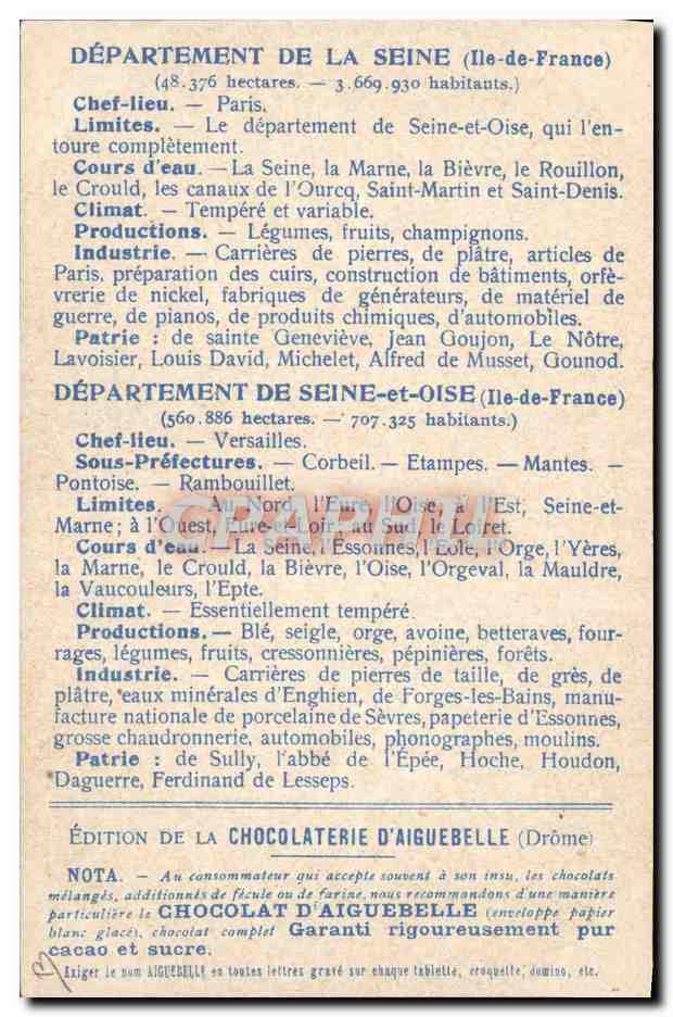 Die Departemente: SEINE & SEINE-ET-OISE — Ausgabe der CHOCOLATERIE D'AIGUEBELLE — Rückseite