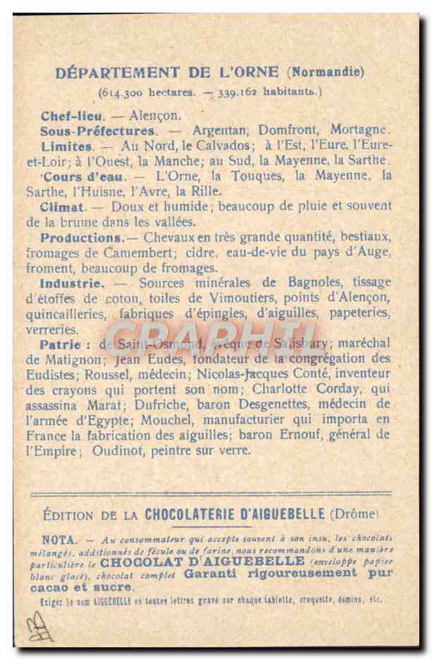 Les Départements : ORNE — Édition de la CHOCOLATERIE D'AIGUEBELLE — Rückseite