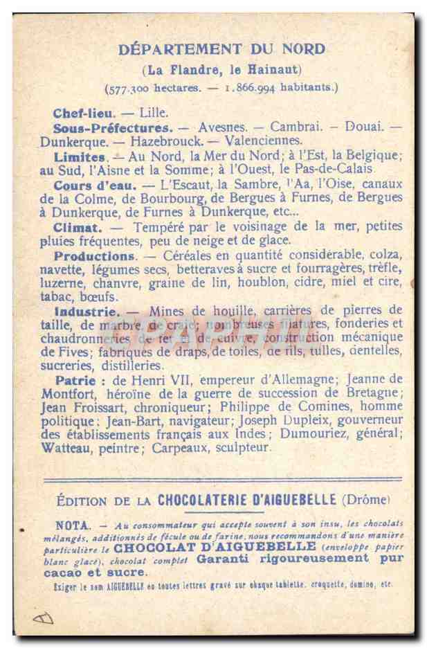 Les Départements : NORD — Édition de la CHOCOLATERIE D'AIGUEBELLE — Rückseite