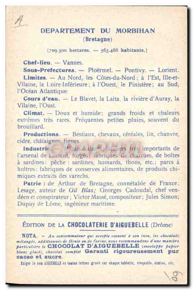 CPA Carte geographique Chocolaterie d'Aiguebelle Morbihan Ste Anne d'Auray — Rückseite