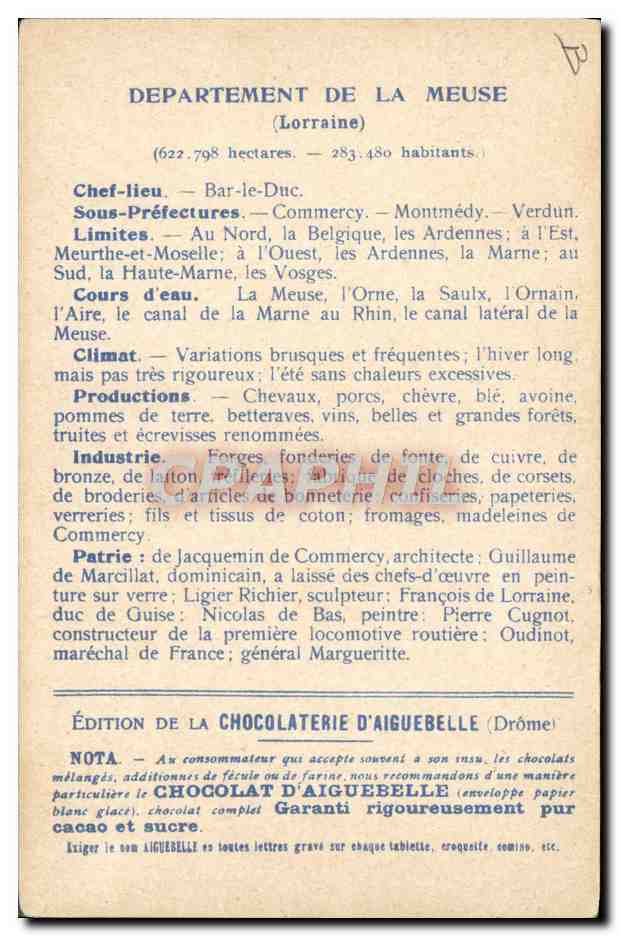 CPA Carte geographique Chocolaterie d'Aiguebelle Meuse Porte de la Chaussee Verdun — Rückseite