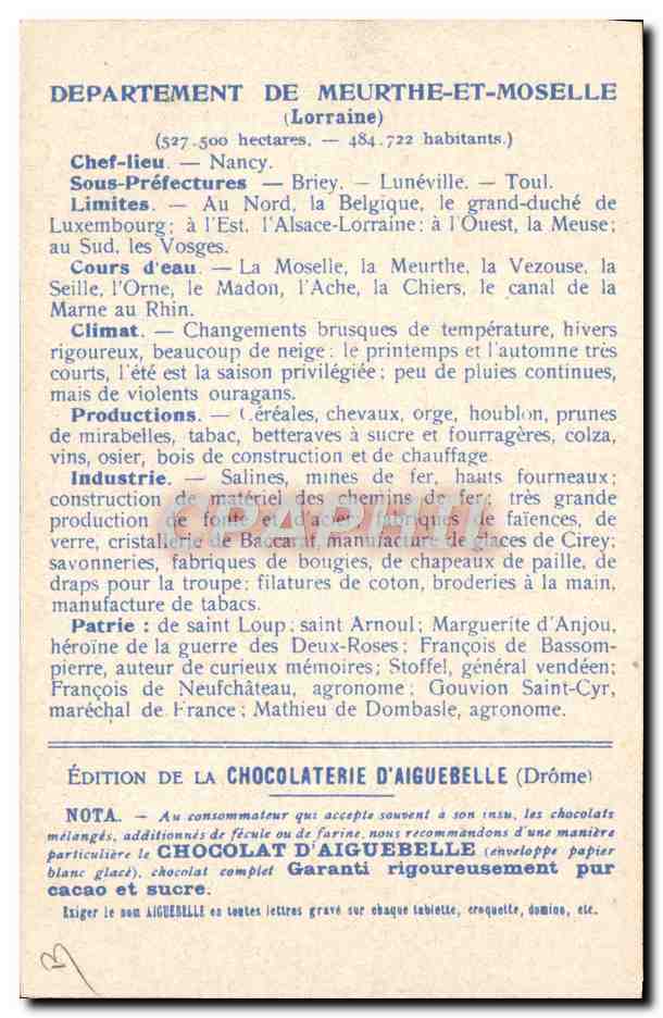 Los Departamentos: MEURTHE ET MOSELLE — Edición de la CHOCOLATERIE D'AIGUEBELLE — Reverso