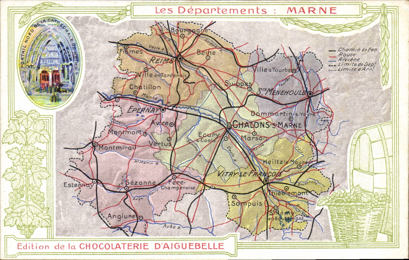 Die Departements: MARNE — geografische Karte mit Porträt der Kathedrale von Reims und Illustration eines Weinbarrels — Edition der CHOCOLATERIE D'AIGUEBELLE