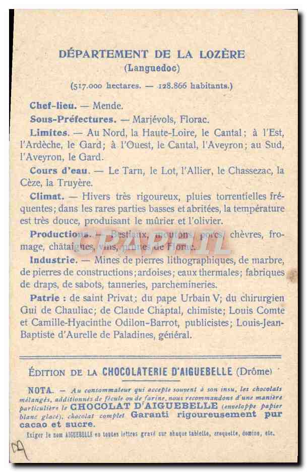 Les Départements : LOZÈRE — Édition de la CHOCOLATERIE D'AIGUEBELLE — Rückseite