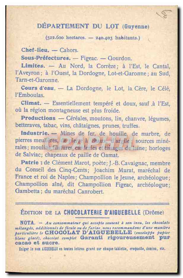 CPA Carte geographique Chocolaterie d'Aiguebelle Lot Arc de Diane a Cahors — Rückseite