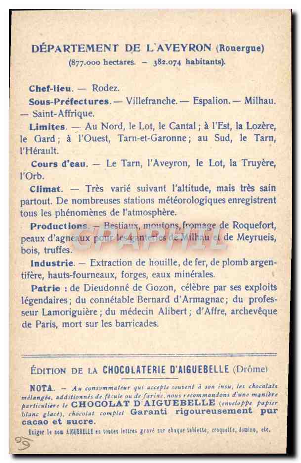 CPA Carte geographique Chocolaterie d'Aiguebelle Aveyron Cathedrale de Rodez — Rückseite