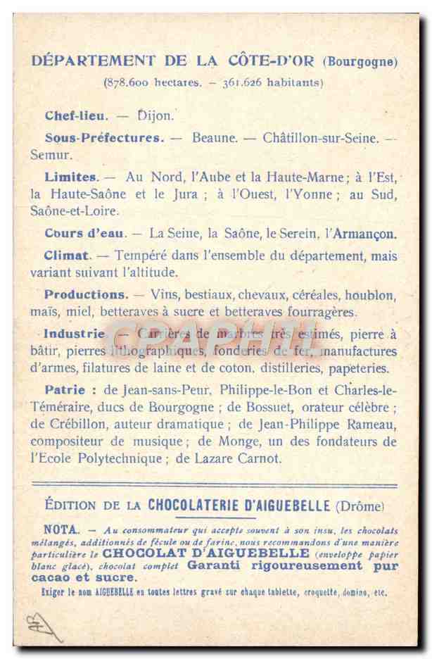 Côte-d'Or — Mappa dei Dipartimenti — Edizione della Cioccolateria d'Aiguebelle — Verso