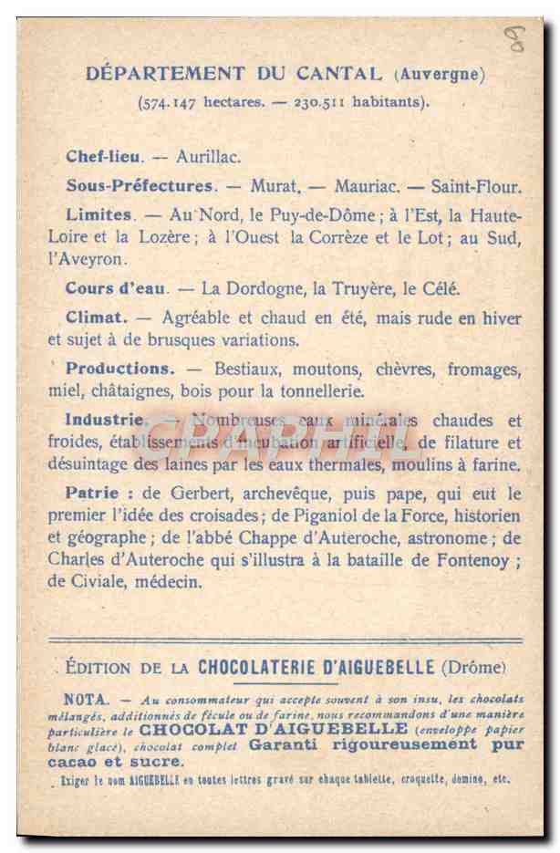 CPA Carte geographique Chocolaterie d'Aiguebelle Cantal Pont du Lioran — Rückseite
