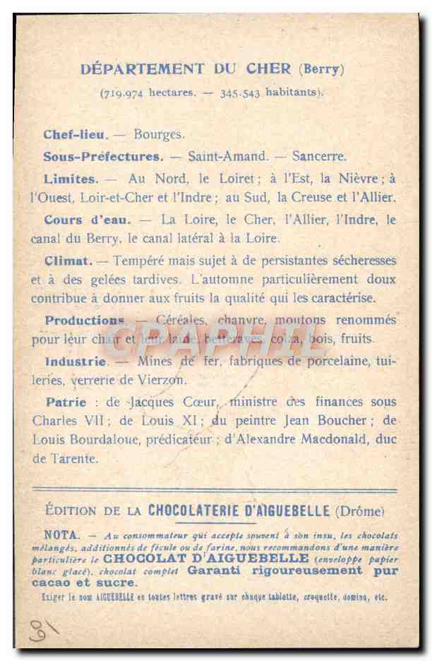 Les Départements : CHER — Édition de la CHOCOLATERIE D'AIGUEBELLE — Rückseite
