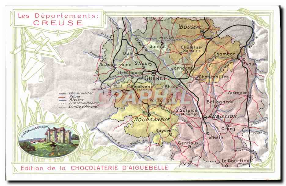 Les Départements: CREUSE — Carte administrative — Édition de la CHOCOLATERIE D'AIGUEBELLE