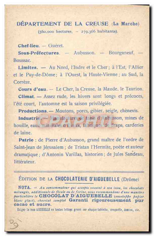 Les Départements: CREUSE — Carte administrative — Édition de la CHOCOLATERIE D'AIGUEBELLE — Rückseite