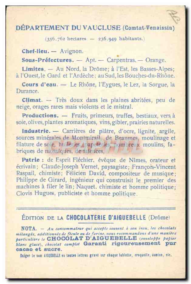 CPA Carte geographique Chocolaterie d'Aiguebelle Vaucluse Arc de Triomphe Orange  — Rückseite