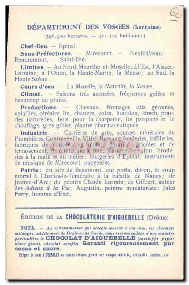 Die Departemente: VOSGES — Ausgabe der CHOCOLATERIE D'AIGUEBELLE — Rückseite