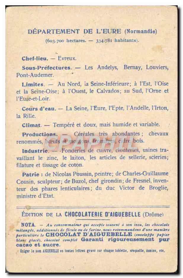 CPA Carte geographique Chocolaterie d'Aiguebelle Eure Vieilles maisons a Louviers — Rückseite