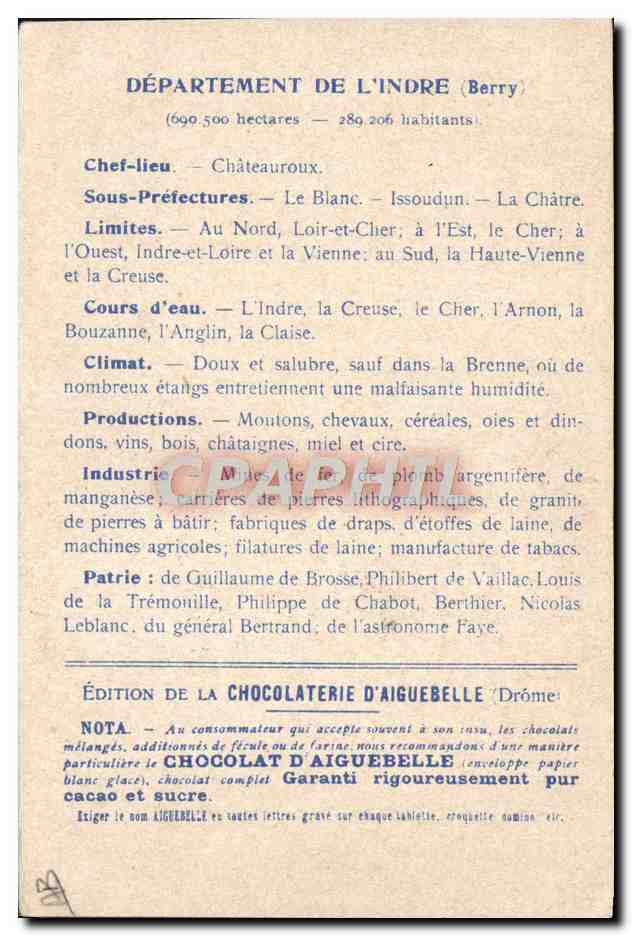 CPA Carte geographique Chocolaterie d'Aiguebelle Indre Argenton et la Creuse  — Rückseite