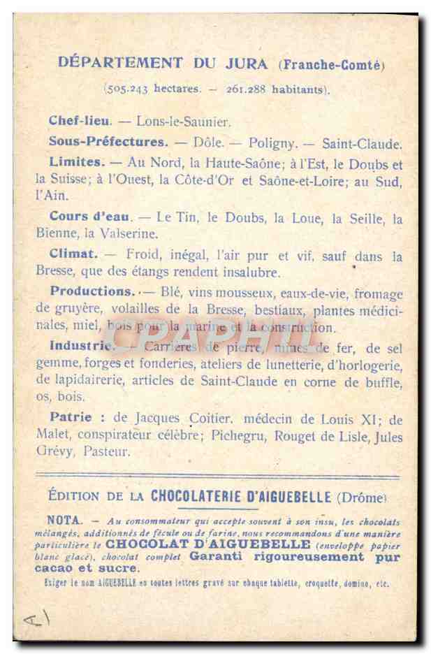 CPA Carte geographique Chocolaterie d'Aiguebelle Jura Cascade de la Bellaude  — Rückseite