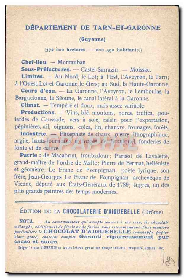CPA Carte geographique Chocolaterie d'Aiguebelle Tarn et Garonne Eglise de Moissac  — Verso
