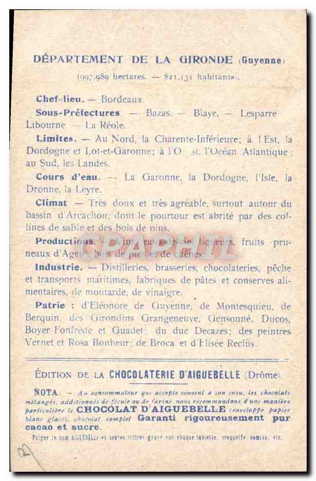 CPA Carte geographique Chocolaterie d'Aiguebelle Gironde Porte du palais  — Rückseite