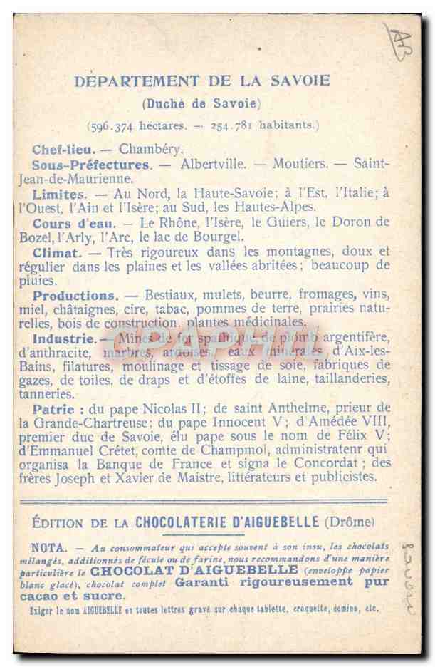 Die Departements: SAVOIE — Ausgabe der CHOCOLATERIE D'AIGUEBELLE — Rückseite