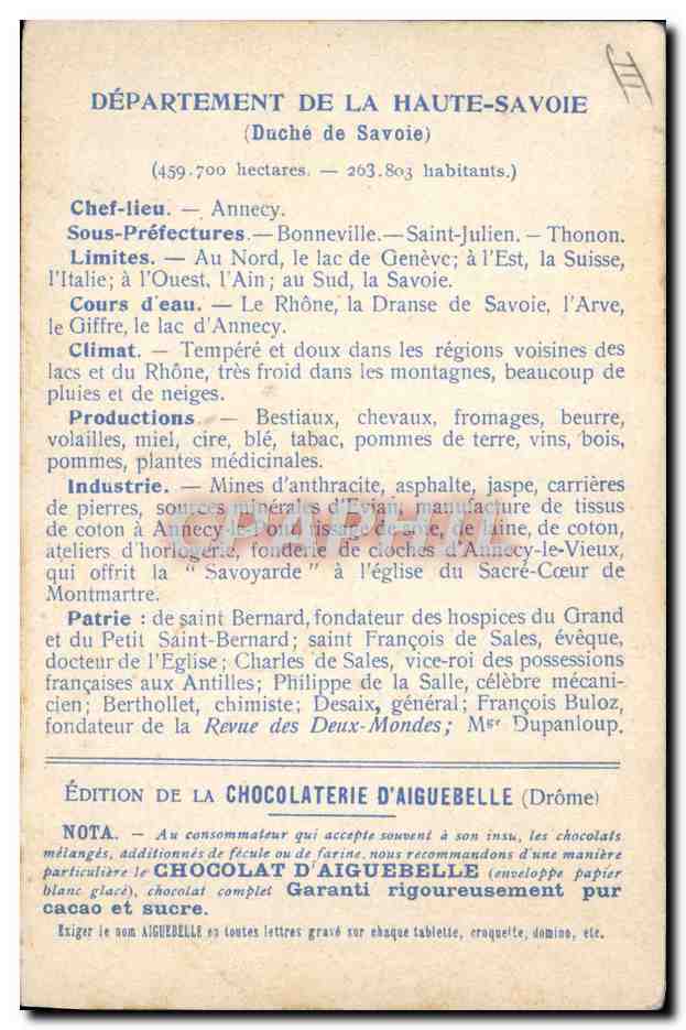 Tarjeta postal antigua Tarjeta postal geográfica Chocolaterie d'Aiguebelle Haute-Savoie — Reverso