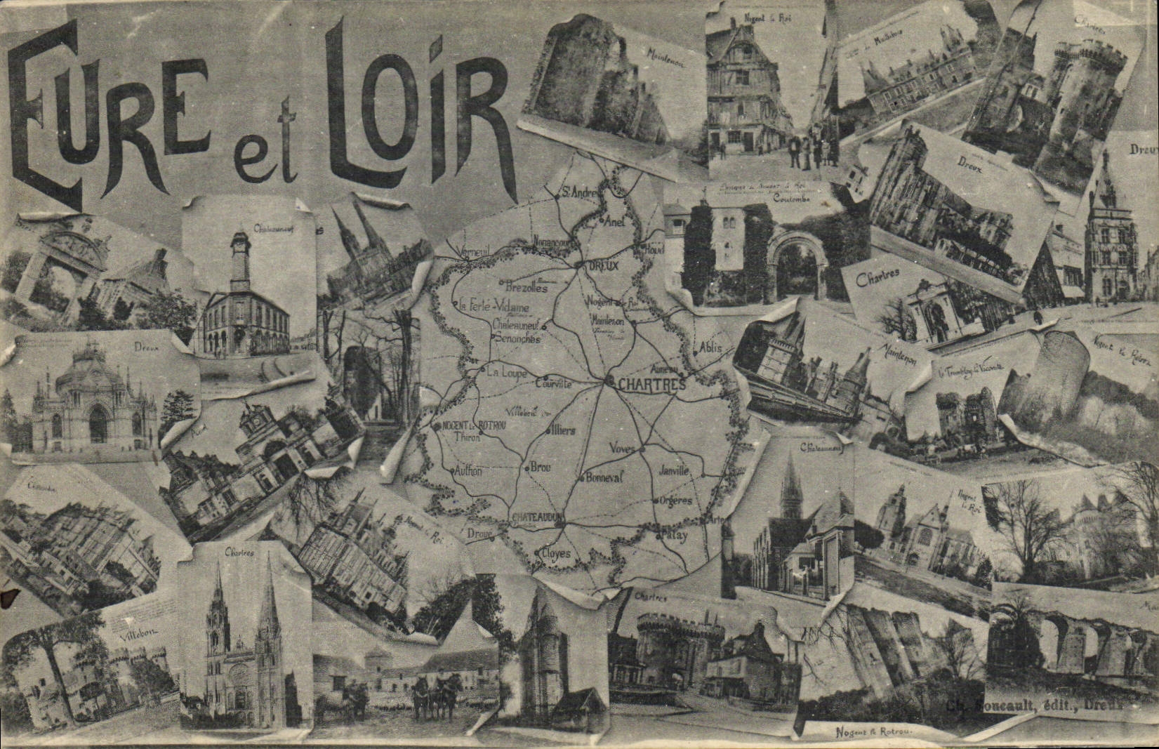 Eure et Loir — Carte postale panoramique avec carte et vignettes — Nogues & Retraux, Dreux - Recto