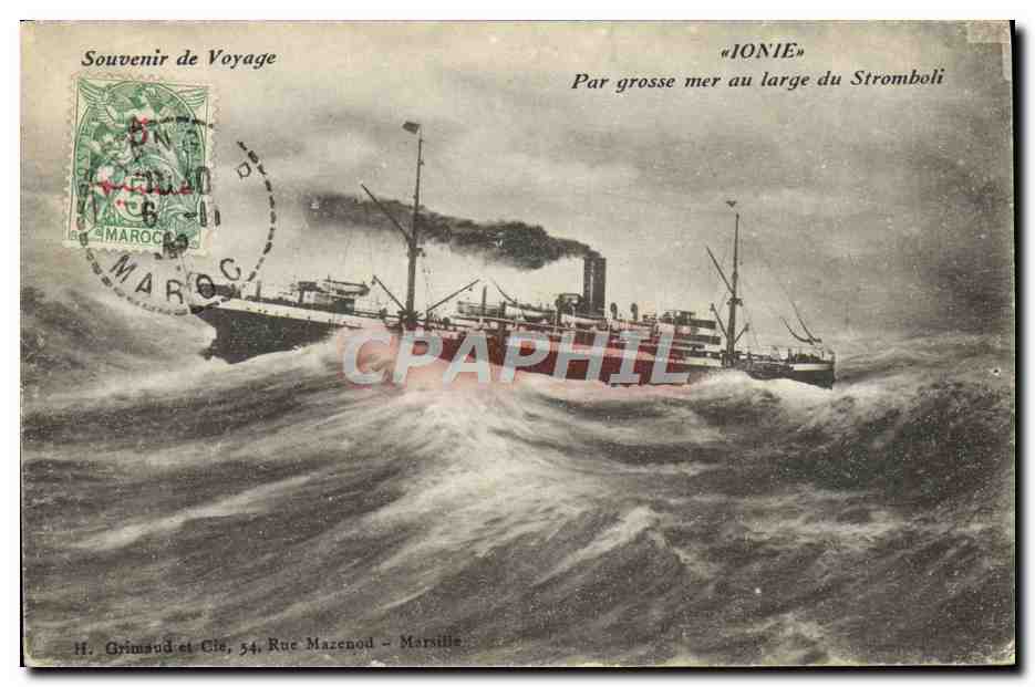 Navire « IONIE » — par grosse mer au large du Stromboli — H. Grimaud et Cie, 54 Rue Mazenod - Marseille - Recto