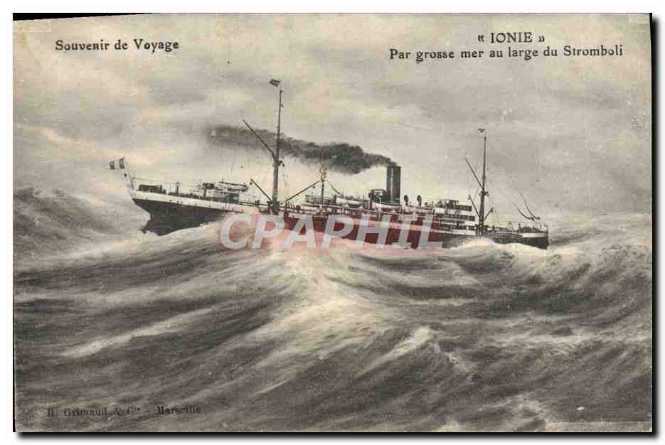 « IONIE » — Par grosse mer au large du Stromboli — H. Grimaud & C°, Marseille