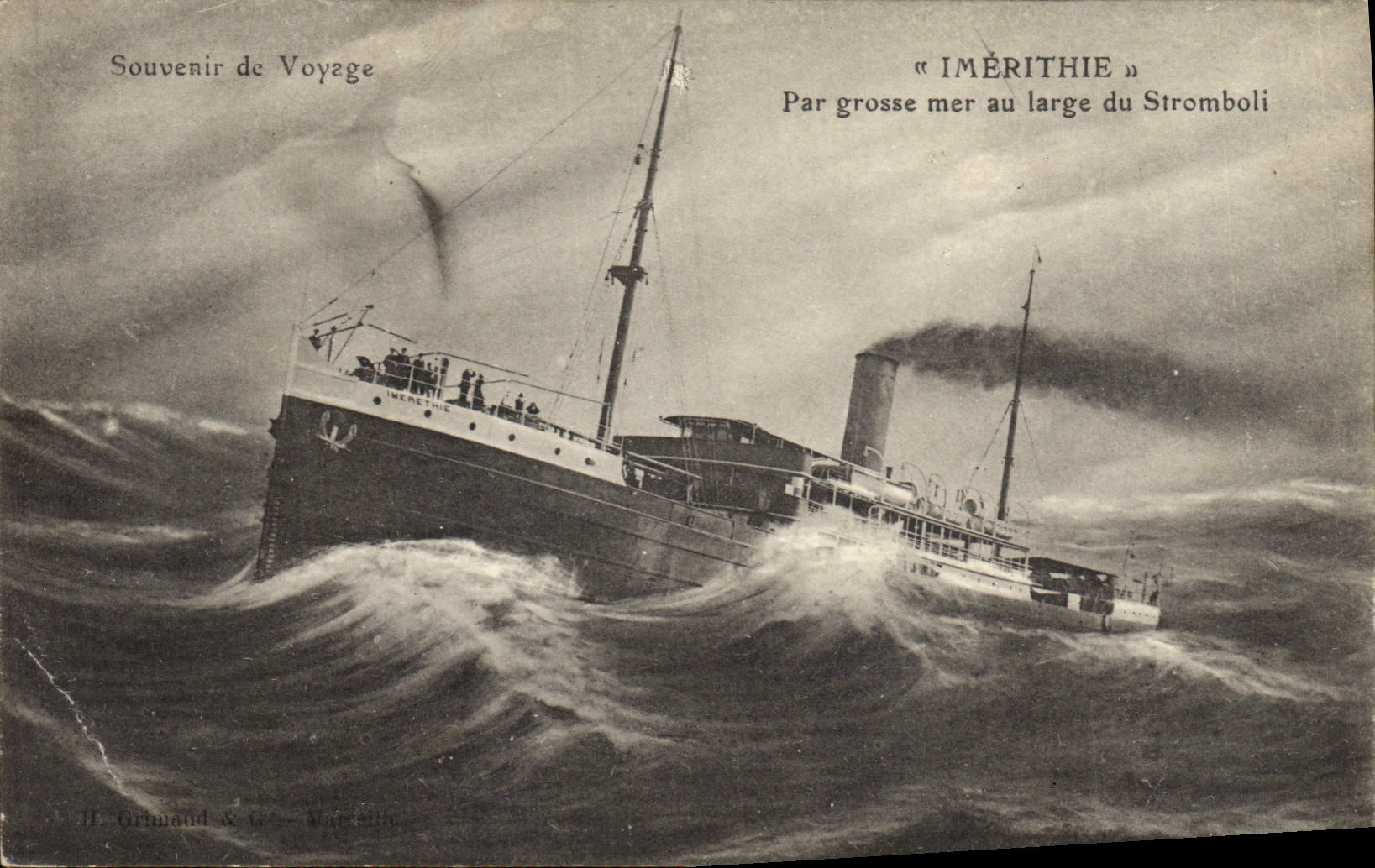 Le vapeur « Iméritthie » — par grosse mer au large du Stromboli — H. Ormand & Cie, Marseille