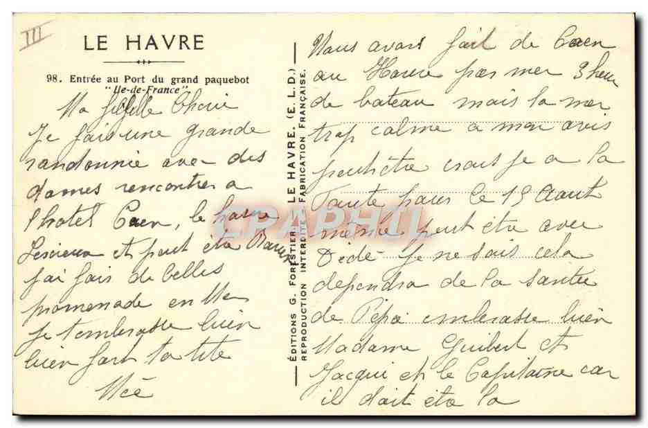 Le Havre — Entrée du paquebot 'Ile-de-France' — Éditions G. Fortetier — Achterkant