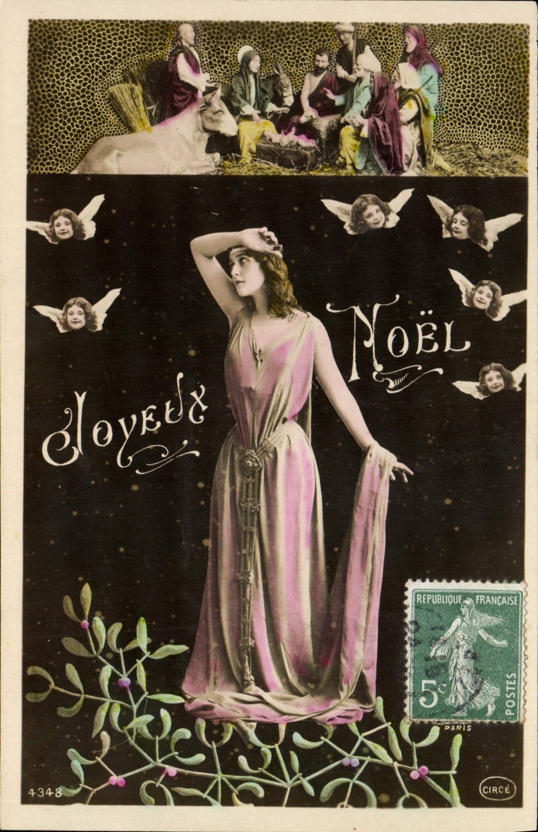 Noël — scène de crèche et femme en robe rose — Paris, n°4348