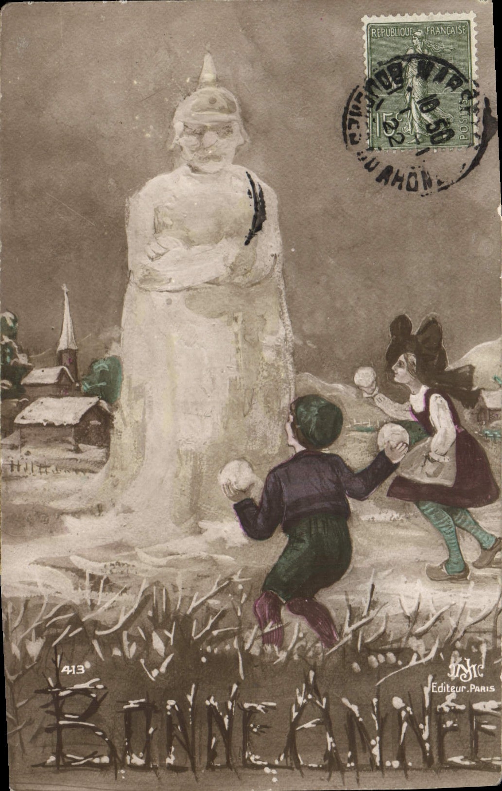 CPA Fantaisie Enfants Bonne annee Bonhomme de neige Alsace