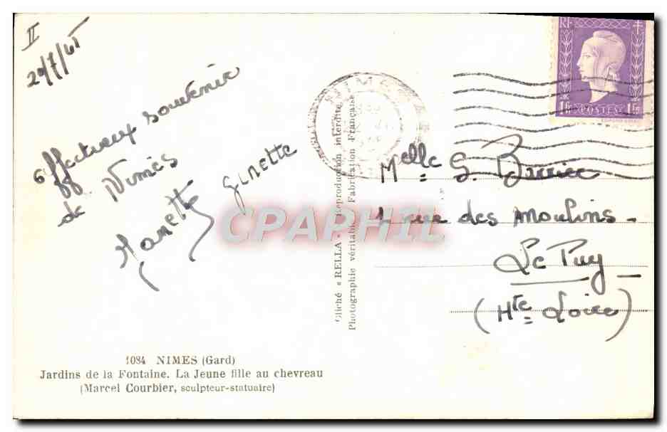 CPA Chevre Nimes Jardins de la fontaine La jeune fille au chevreau Marcel Courbier — Rückseite