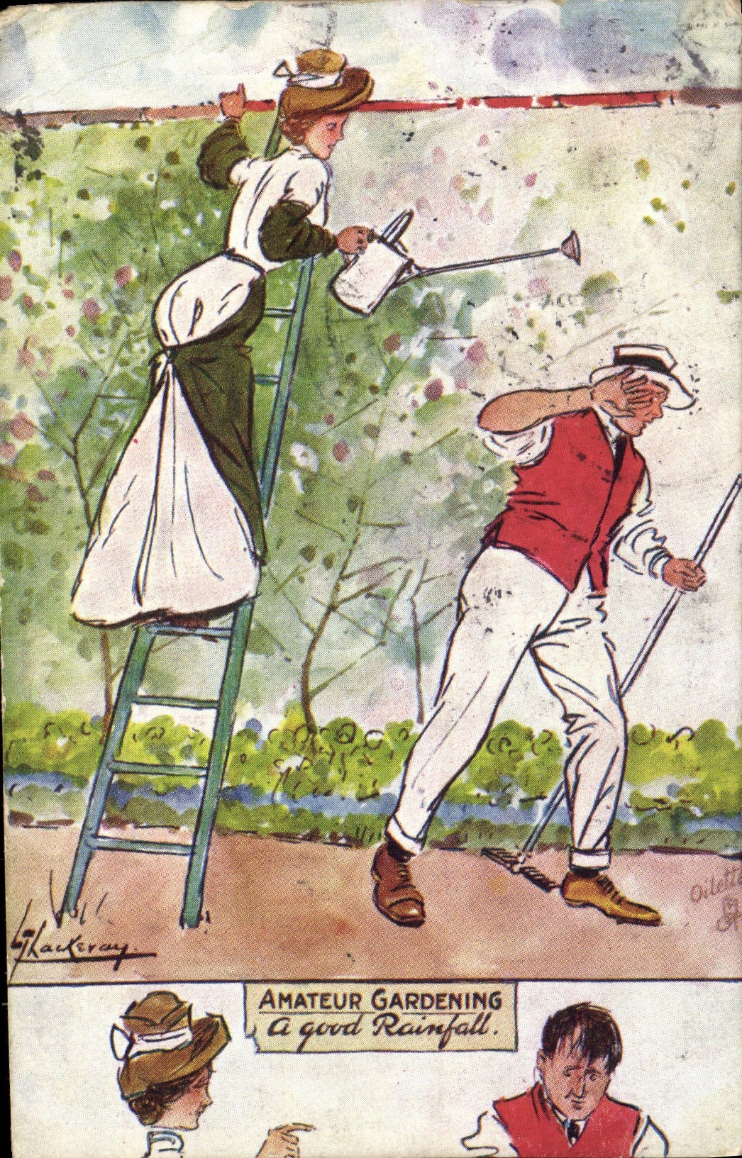 CPA Fantaisie Illustrateur Amateur gardening A good rainfall