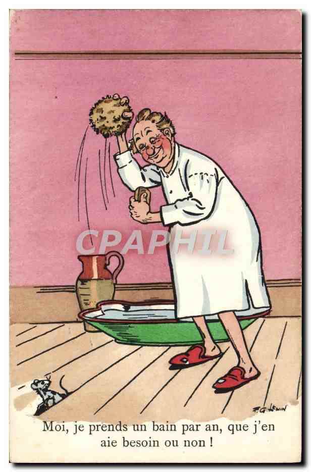 CPA Fantaisie Illustrateur Moi je prends un bain par an 