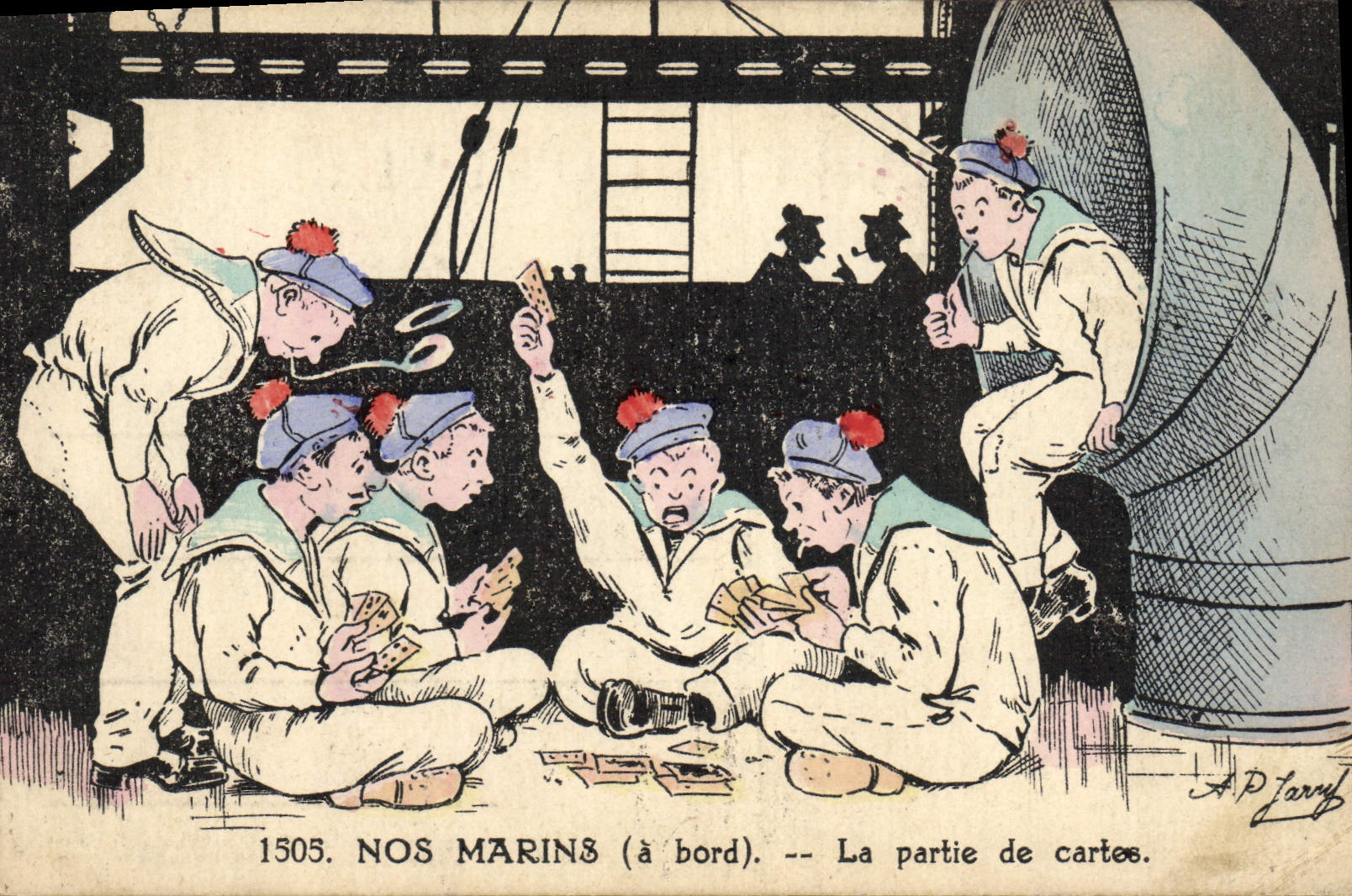 Nos marins (à bord) — La partie de cartes — A.D. Jarry, n° 1505
