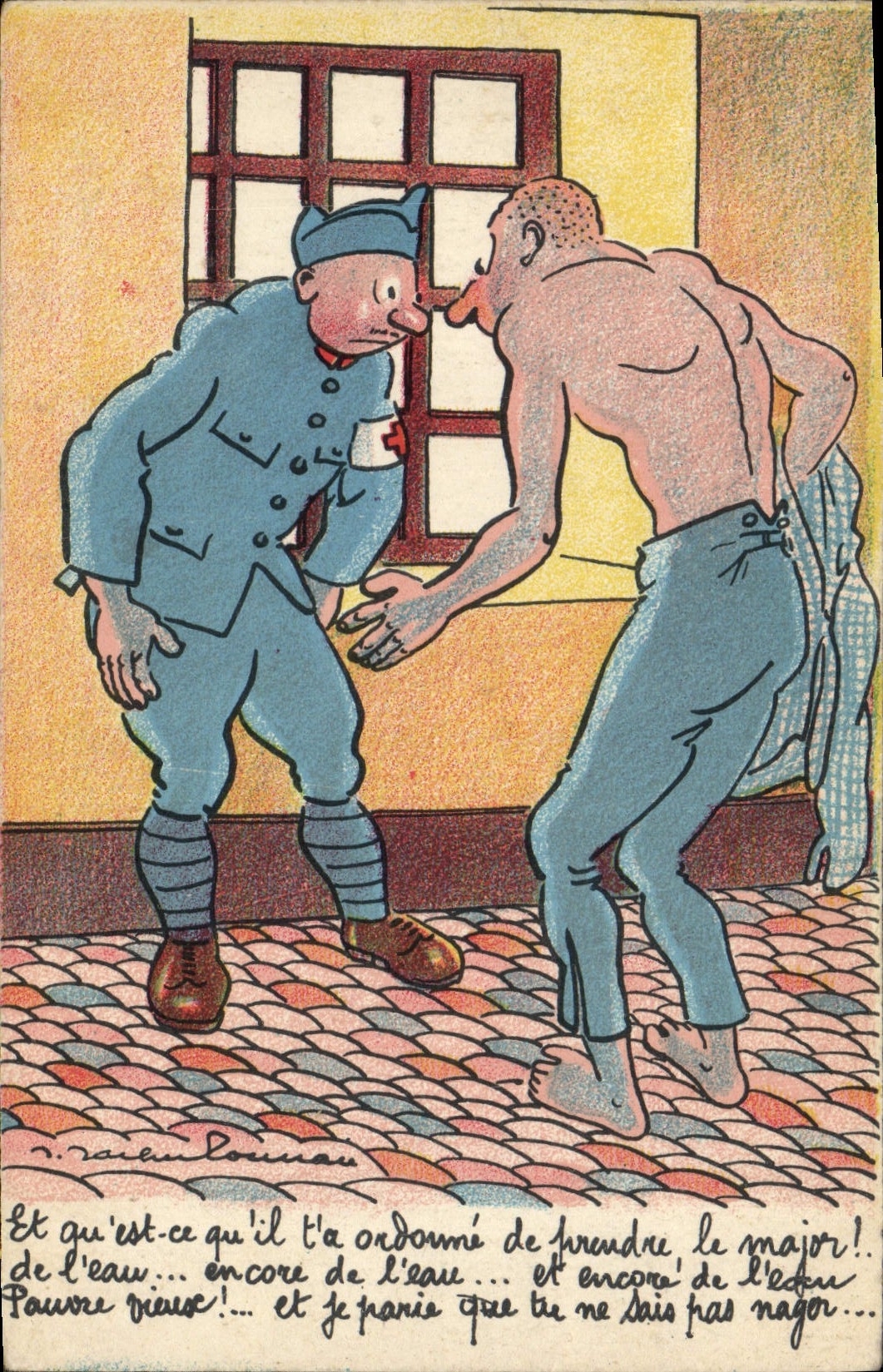Soldat et homme nu — caricature humoristique — T. RALEN-BOUSSAU