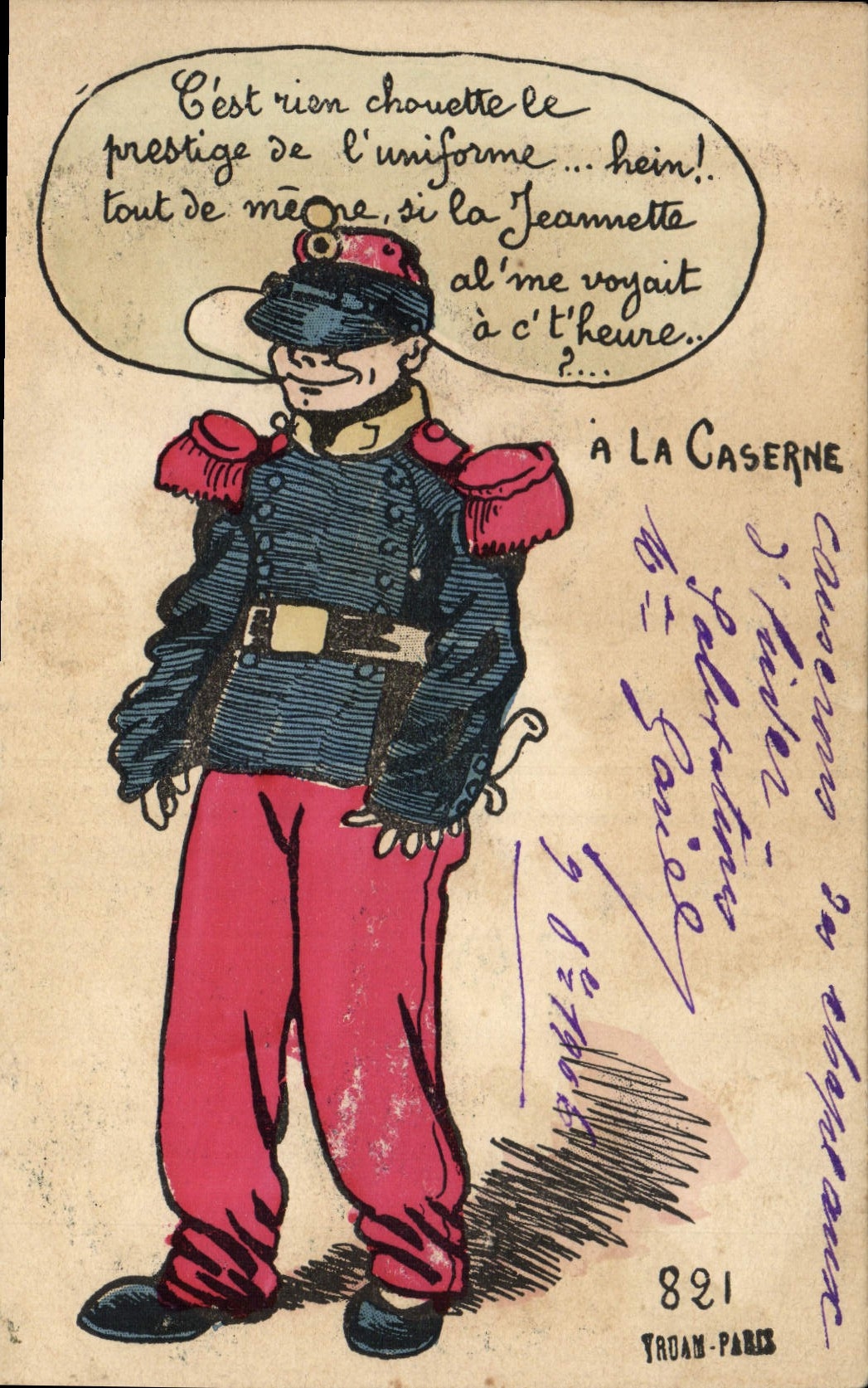 Soldat en uniforme — caricature humoristique — éditeur Trudan, n° 891