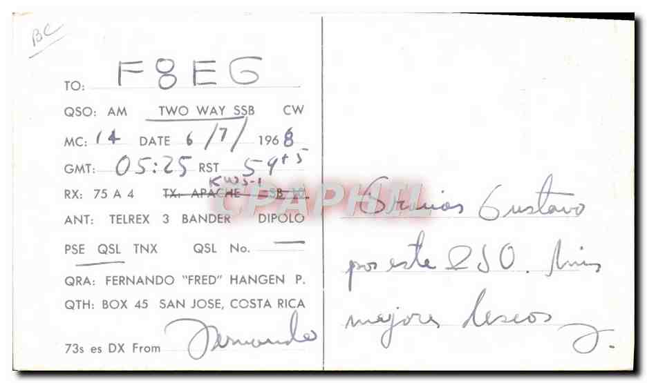 TI122W — TI122W — Fernando (Fred) Hangen P. — Box 45 — San Jose - Costa Rica — Reverso