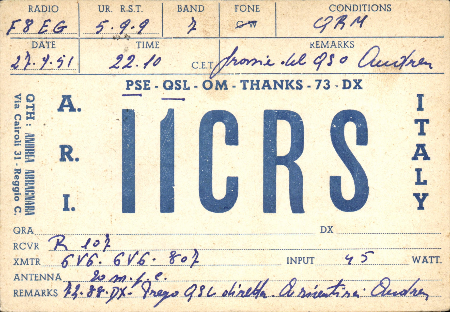 Italie — QSL radio amateur — IICRS Reggio Calabria